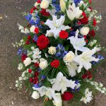 ### Red, white and blue casket spray to include lily's, roses and delphinium
   small 3ft £120      medium 4ft £185 (as shown)     large 5ft £235